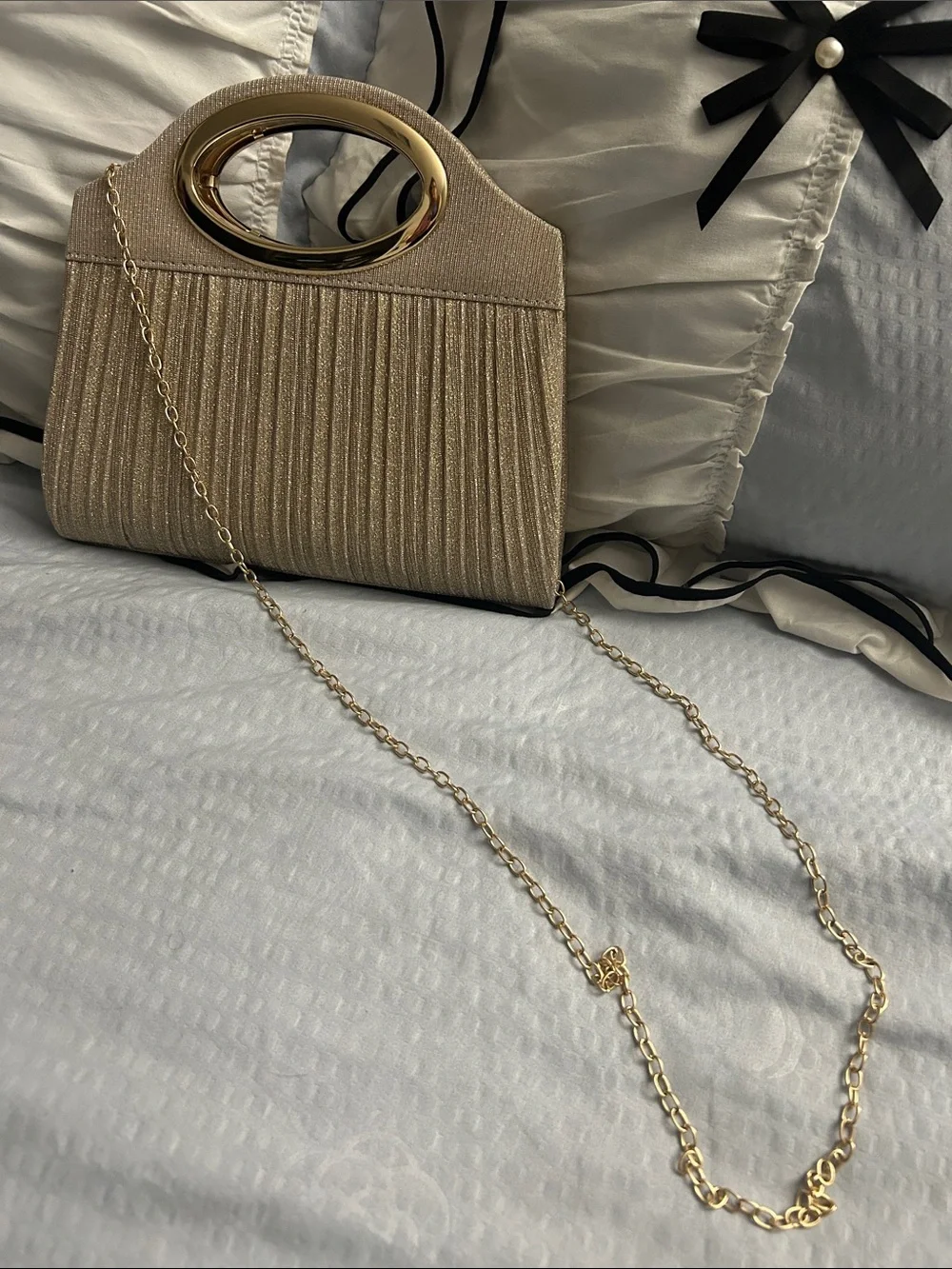 Gold Pleated Evening Clutch with Chain Strap